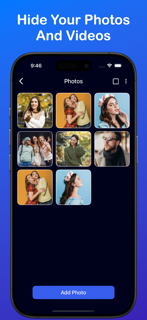 Calculator Lock - Photo Vault - Interfaz de galería de fotos privada en la aplicación Calculadora segura que muestra archivos multimedia ocultos