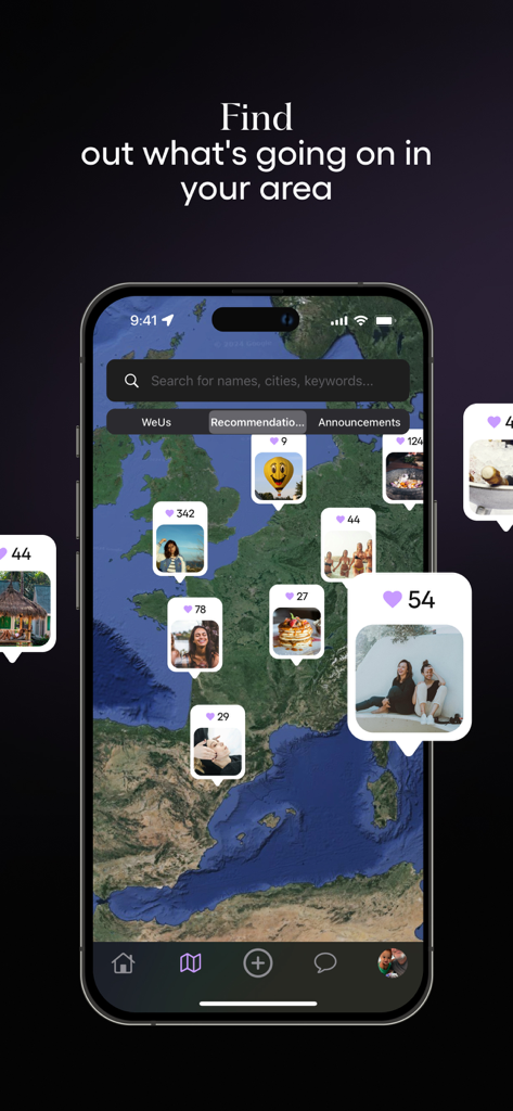 WUnite - Interface de l'application WUnite montrant une carte satellite avec des recommandations de photos partagées par les utilisateurs et des activités locales.
