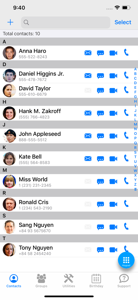 Main contact list screen of Contact Pro showing names and communication shortcuts