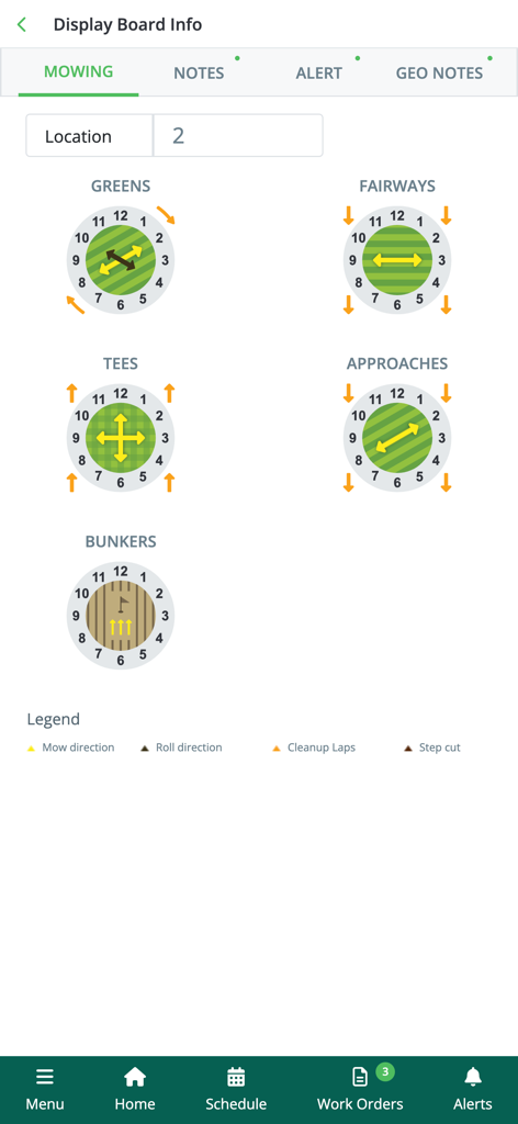 ASB Employee - A screen in the ASB Employee app showing mowing and rolling direction instructions for golf course areas like greens, fairways, and tees.