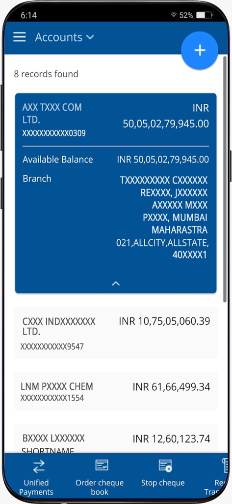 HDFC Bank Corp app interface displaying multiple corporate account summaries and available balances in INR
