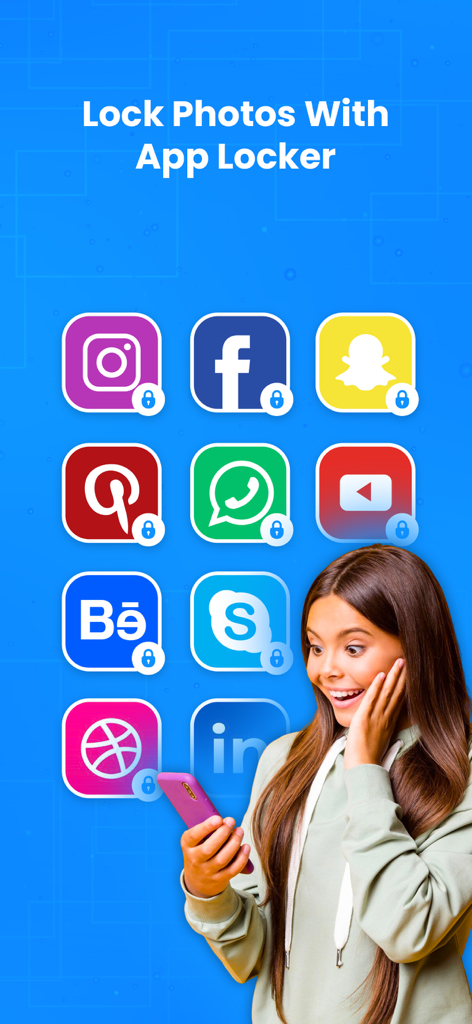 App Lock : Lock Apps - A young girl smiling at her phone next to social media icons with lock symbols