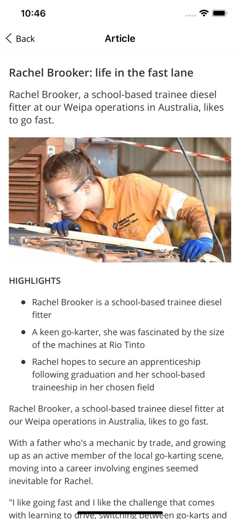 Rio Tinto Connect - Um artigo de destaque sobre um aprendiz de fitador de diesel dentro do aplicativo móvel Rio Tinto Connect