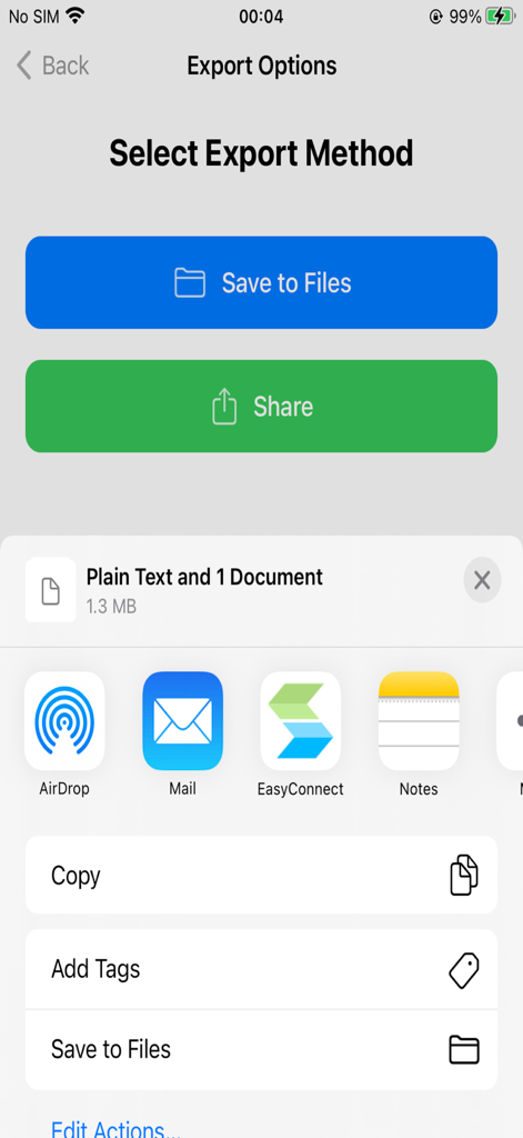 pdf2md - The export options screen in pdf2md showing buttons to save to files or share via the iOS share sheet.