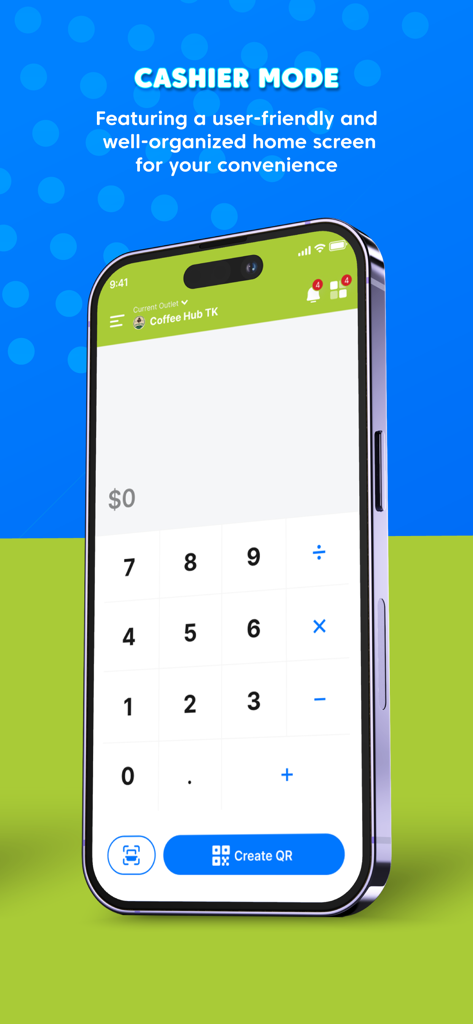 Wing Merchant - A smartphone displaying the Wing Merchant app in Cashier Mode, featuring a numeric keypad for entering amounts and a button to create KHQR codes for payments.