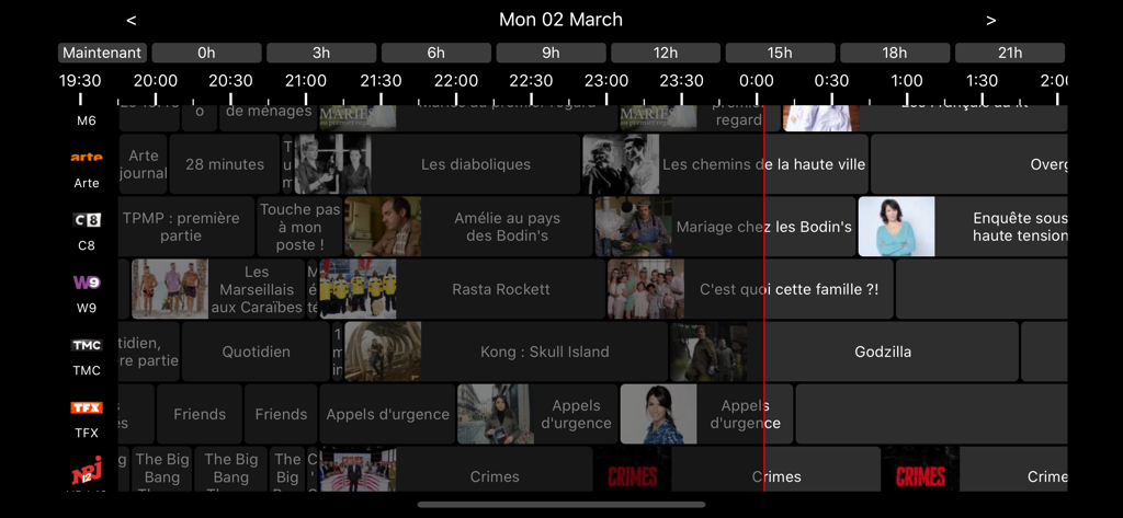 Querformatansicht der Freebox V6 TV-Guide-App, die Senderpläne im Rasterformat zeigt
