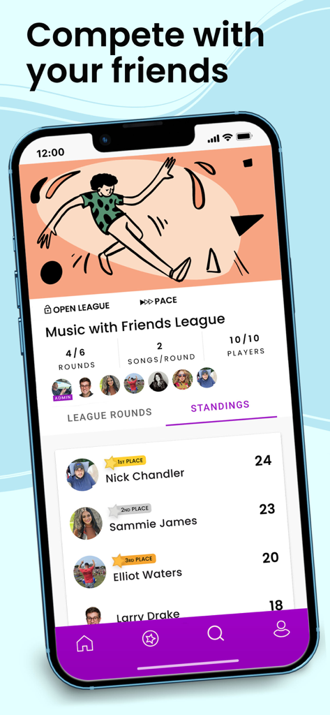 Pantalla de la aplicación Music League que muestra una tabla de clasificación de un concurso de música con amigos.