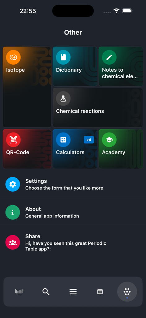 Le menu des fonctionnalités de l'application Tableau Périodique Chimie montrant des outils tels que les données isotopiques et les calculateurs.