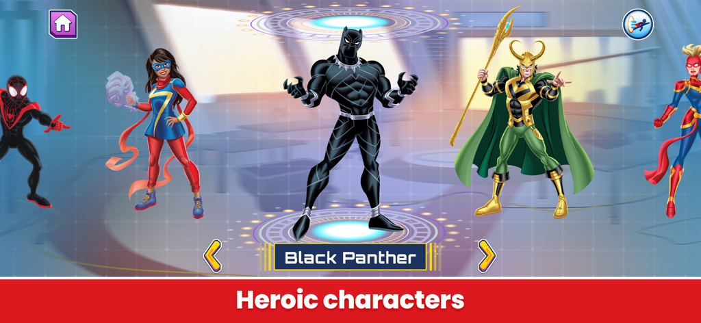 Pantalla de selección de personajes en la aplicación Marvel HQ con Pantera Negra, Loki, Ms. Marvel y Capitana Marvel