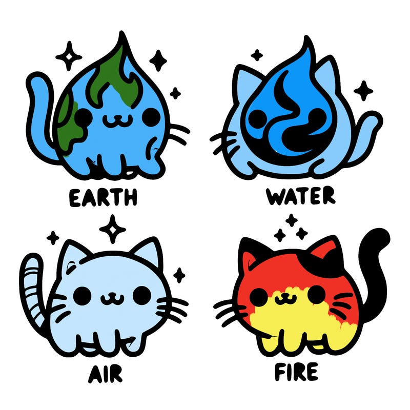 4 cats that represent the different elements, earth, water, air, and fire