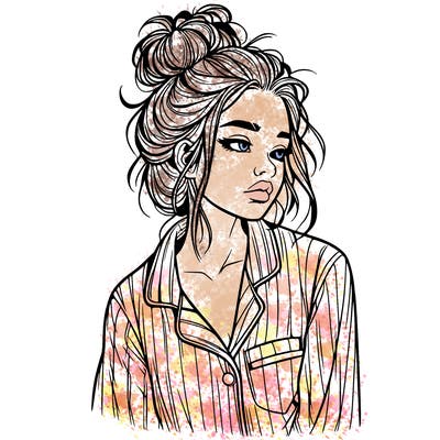 realistic woman with pajamas on and a messy bun