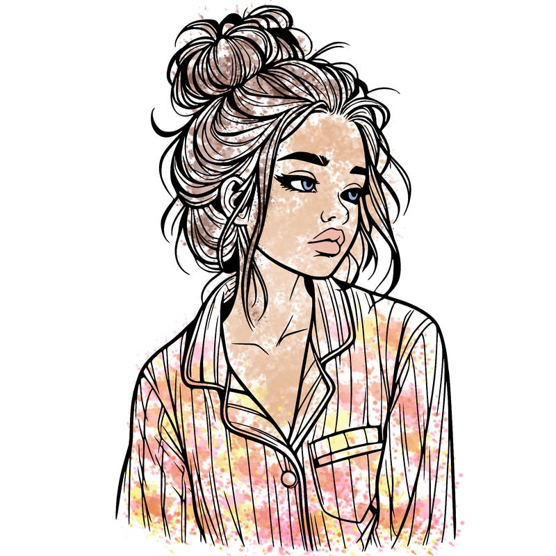 realistic woman with pajamas on and a messy bun