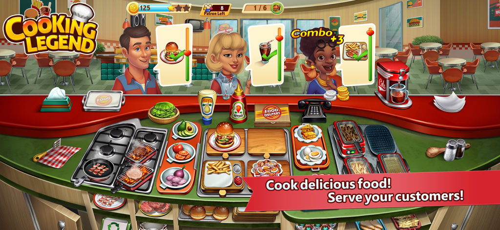 A colorful gameplay screen of Cooking Legend showing a chef preparing burgers and steaks for three customers in a fast-paced restaurant setting.