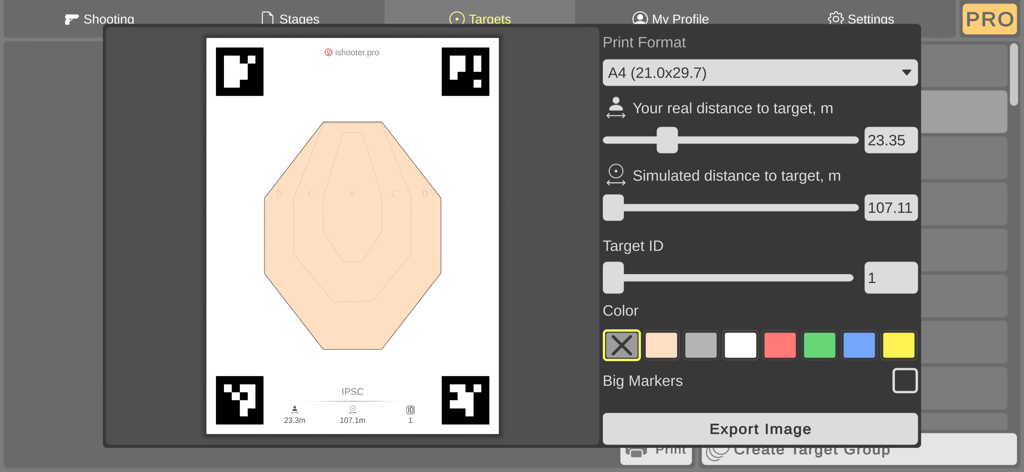 Interface of iShooter Mobile app showing settings for configuring and exporting printable shooting targets with distance and color options
