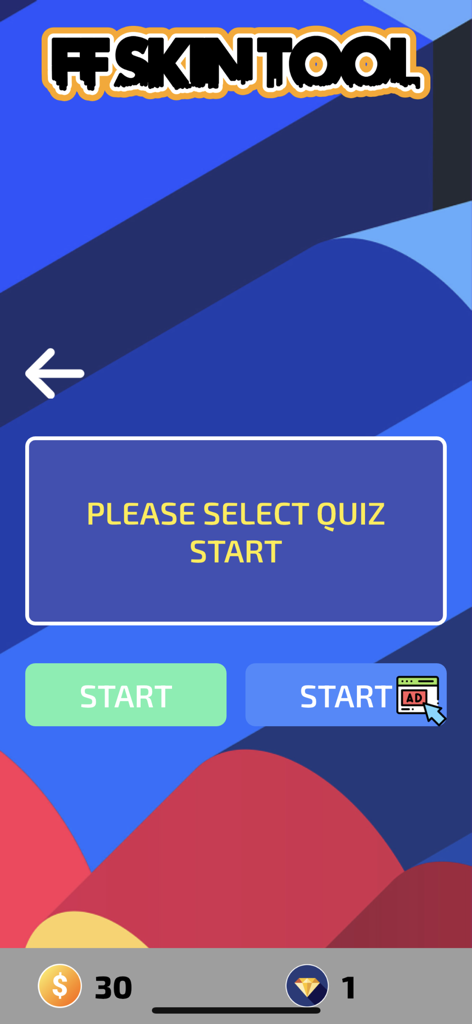 FFF FF Skin Tool - Quiz selection interface in FFF FF Skin Tool app showing start buttons and user currency balance