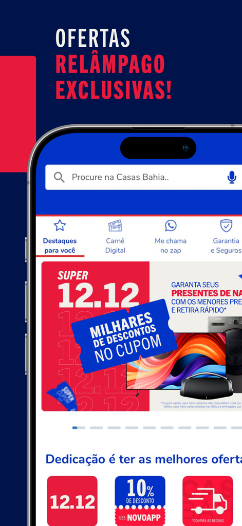 Casas Bahia: Compras Online - Casas Bahiaモバイルアプリのインターフェースに、オンラインショッピング向けの限定フラッシュセールと割引クーポンが表示されています。