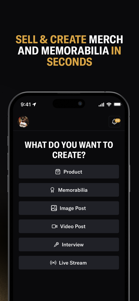 Screenshot of the MILLIONS app showing the creation menu for merchandise and digital content