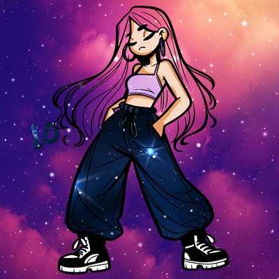 girl in baggy pants crop top and long hair
