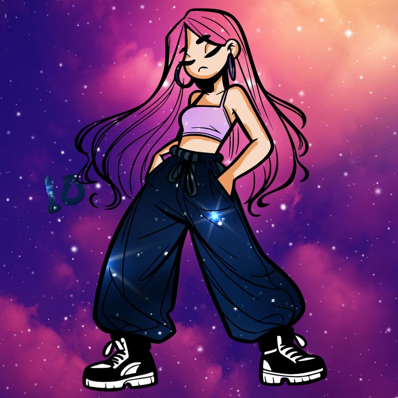 girl in baggy pants crop top and long hair