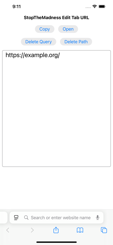 Interface of StopTheMadness Pro showing the Edit Tab URL feature with options to copy, open, or delete URL components.