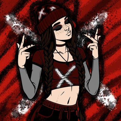 realistic teenage girl with braids and a beanie and crop top doing 🫶🏼