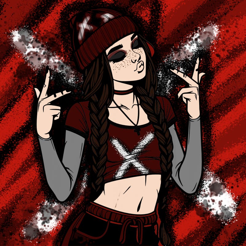 realistic teenage girl with braids and a beanie and crop top doing 🫶🏼