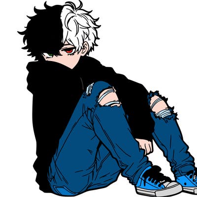 a male hoddie ripped jeans messy hair anime