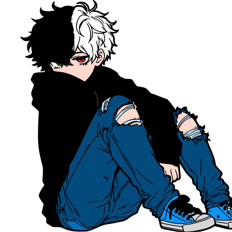 a male hoddie ripped jeans messy hair anime