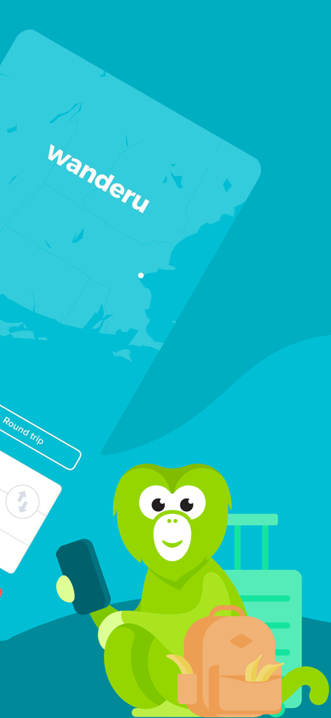 Wanderu: Bus & Train Tickets - A green monkey mascot holding a smartphone next to travel luggage on a teal background with the Wanderu logo