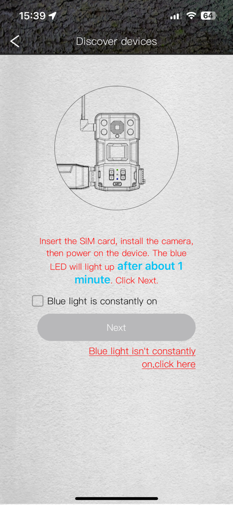 Ucon - Instructional screen for the Ucon app showing how to set up a cellular trail camera