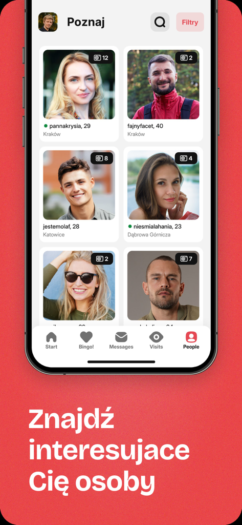 Sympatia - randki, flirt, czat - Interface de l'application de rencontres Sympatia montrant une grille de profils d'utilisateurs avec photos et lieux
