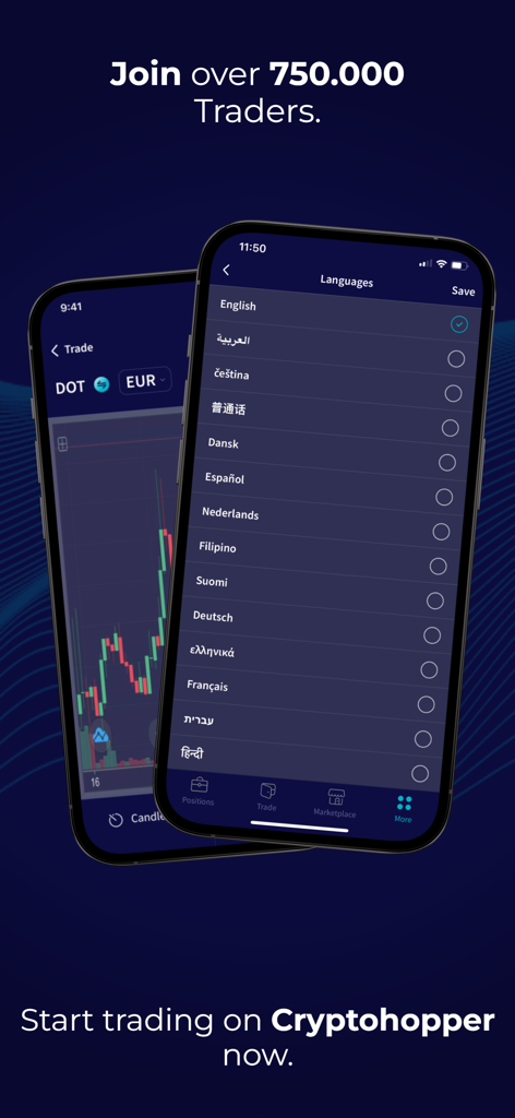 Cryptohopper - Crypto Trading - Cryptohopper app screens displaying multilingual settings and live crypto price charts