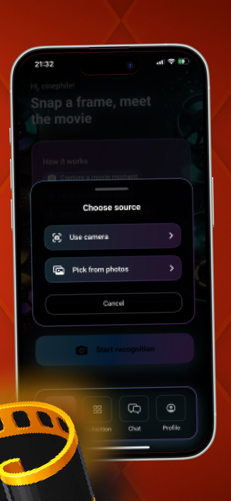 Cinе Snаp - Schermata dell'app Cine Snap con un menu per selezionare fotocamera o foto per il riconoscimento di film