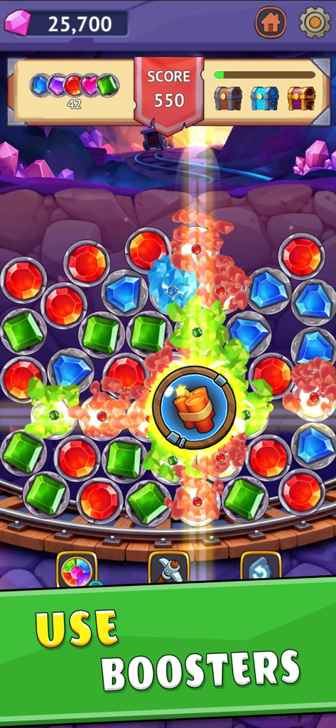 Sparkle Mine - Gameplay of Sparkle Mine showing a TNT booster clearing colorful crystal gems
