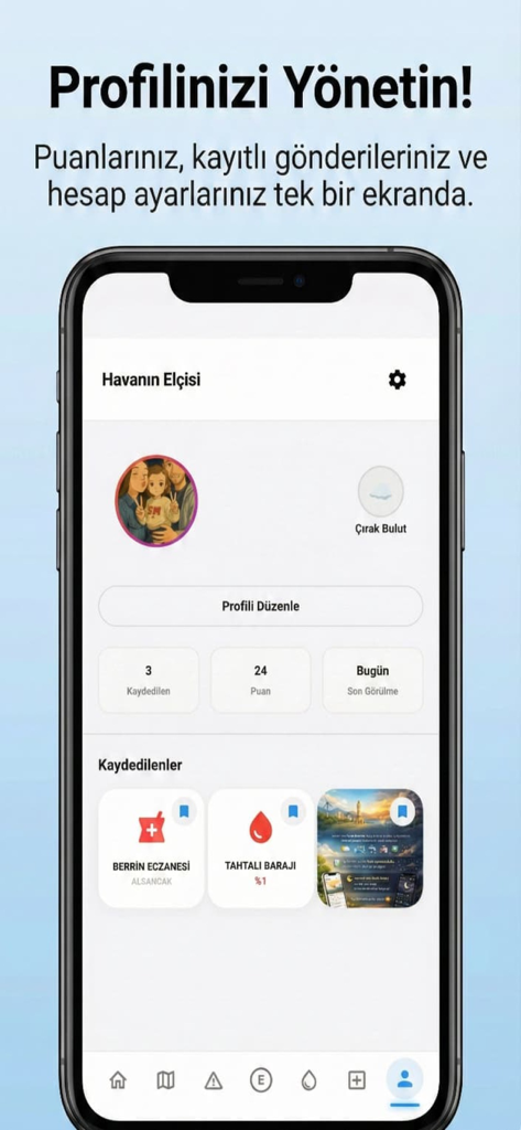 Havanın Elçisi - Hava & Deprem - Pantalla de perfil de usuario de la aplicación El Mensajero del Clima que muestra elementos guardados como farmacias de guardia y niveles de presas