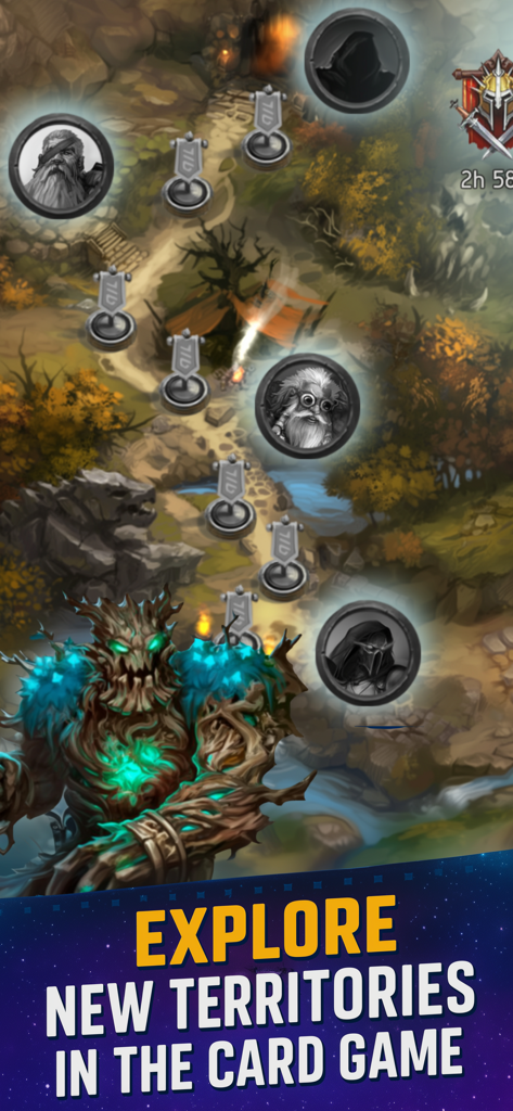 Card Heroes: CCG Magic Arena - Un mapa de aventura de fantasía que muestra retratos de héroes y progresión de caminos para explorar nuevos territorios.