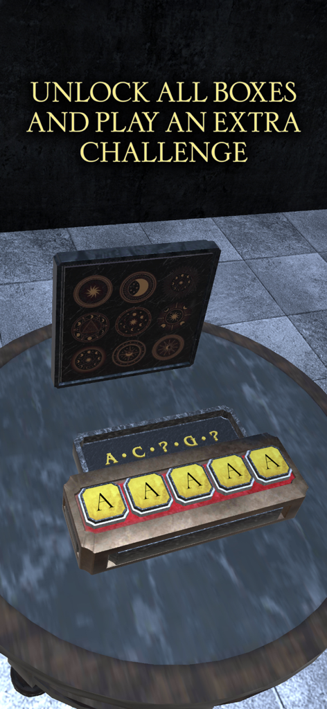 Una caja de puzle mecánico con símbolos celestiales y entradas de letras sobre una mesa circular