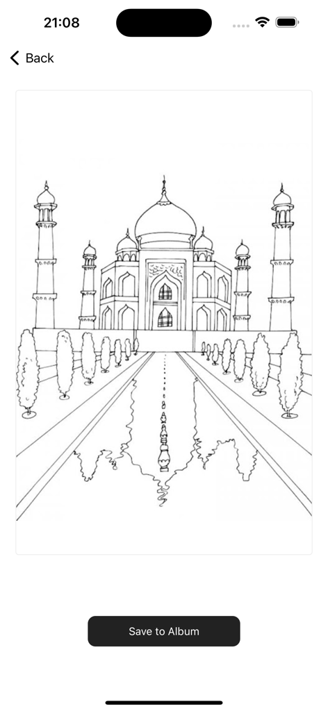 A detailed black and white line drawing of the Taj Mahal converted from a photo for coloring or stencils.