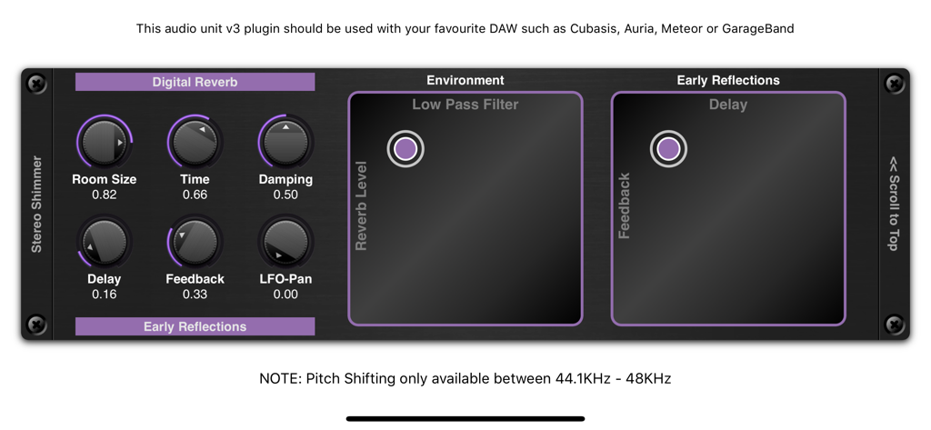 Shimmer AUv3 Audio Plugin - User interface of the Shimmer AUv3 audio plugin showing digital reverb and environment controls with adjustable knobs and touch pads.