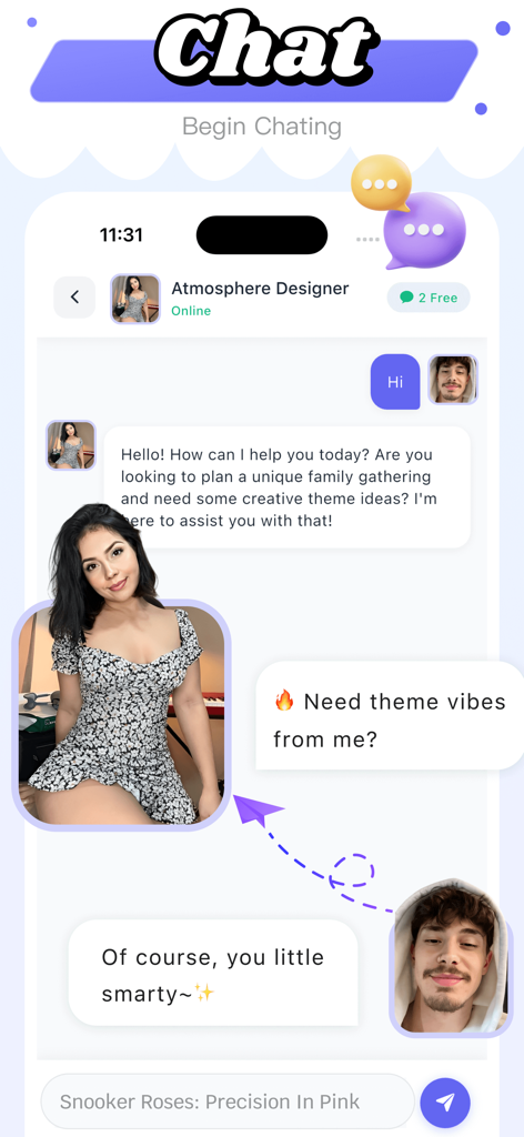 Pantalla del móvil mostrando la interfaz de chat de la aplicación Fromi con un Diseñador de Atmósfera de IA para la planificación de reuniones.