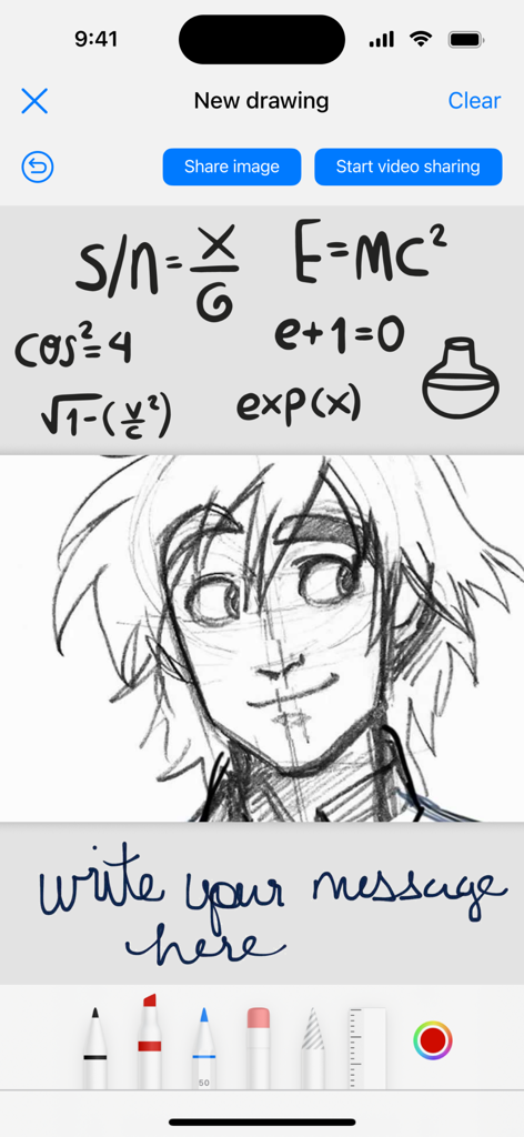 Interfaz de la aplicación Airpin Pro mostrando la función de transmisión de dibujo y presentación con fórmulas matemáticas y un boceto