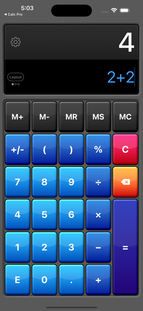 Calculator HD Pro Lite - Interface da Calculadora HD Pro Lite com botões grandes e coloridos e exibição de duas linhas