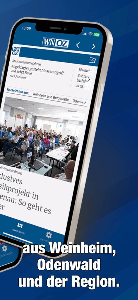 WNOZ - WNOZ-App-Oberfläche auf einem Smartphone, die lokale Nachrichten aus Weinheim und der Region Odenwald anzeigt