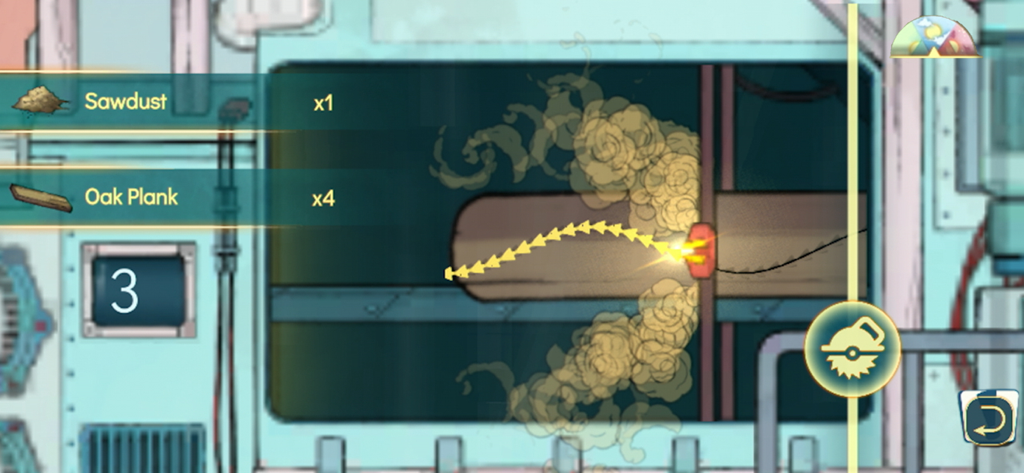 A screenshot of the woodworking mini-game in Spiritfarer where the player crafts oak planks and sawdust.