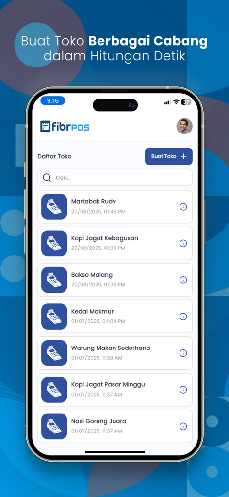 FibrPOS - Aplikasi Kasir Plus - FibrPOS mobile interface displaying a list of various business store branches