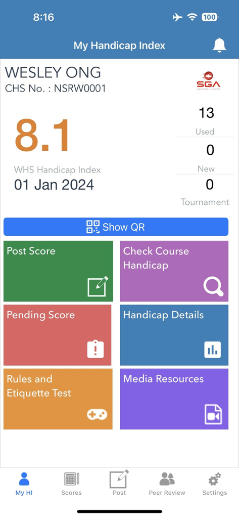 SGA CHS - SGA CHS app dashboard showing a golfer's handicap index and quick access menu for score posting and course details.