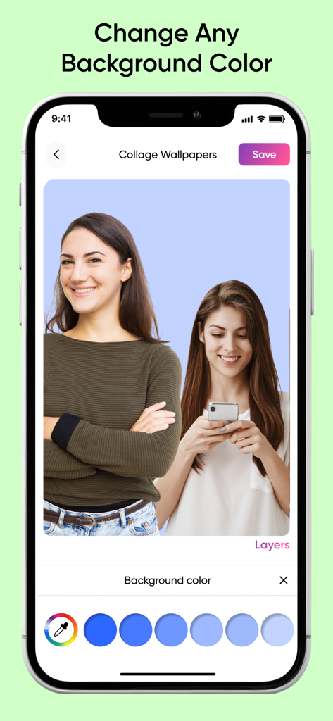 AI Collage Maker: Auto Collage - Pantalla de smartphone mostrando la función de selección de color de fondo en la aplicación AI Collage Maker.