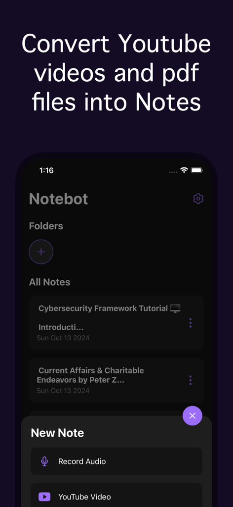 Notegpt - Note Taking AI - Notegpt app interface showing options to convert YouTube videos and PDF files into digital notes