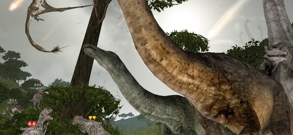 Multiplayer dinosaur survival gameplay featuring Apatosaurus and small raptors in Dinos Online