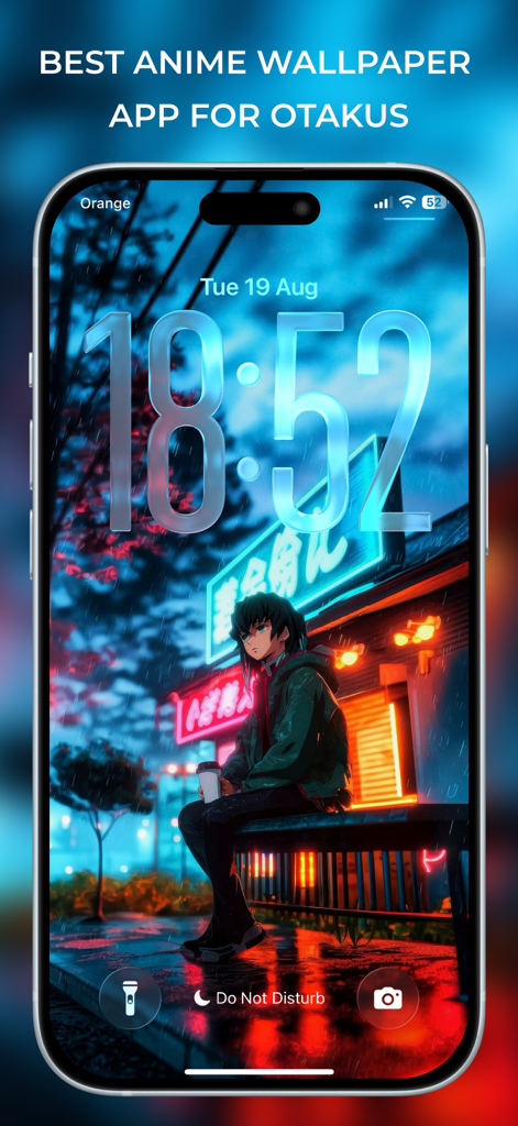 Top Anime Wallpaper - Live - Pantalla de bloqueo de iPhone con un fondo de pantalla de anime en vivo de alta calidad de un personaje sentado en un banco en una calle de neón lluviosa